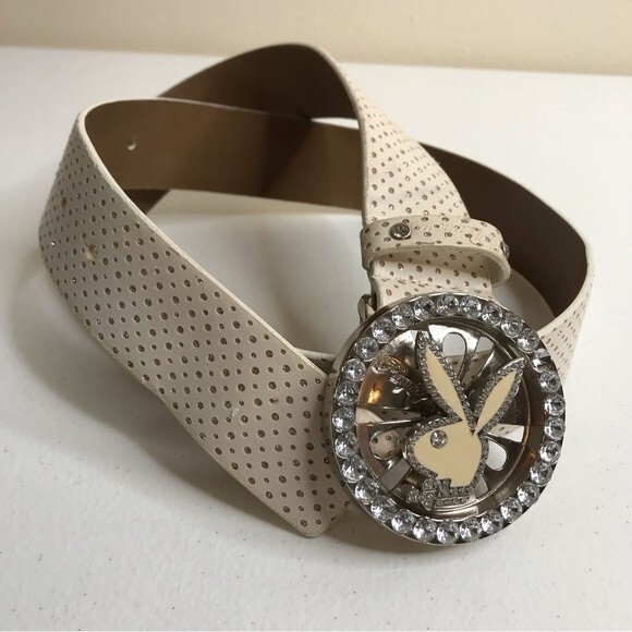 Vintage Playboy Y2K Bunny Spinner Rhinestone Enamel Buckle Bling Belt Off White - Picture 14 of 14